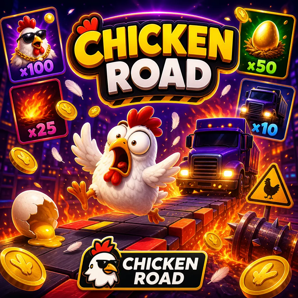 Chicken Road themed casino slot promo featuring humorous chickens, road lanes, eggs, and bright colors on a full square layou