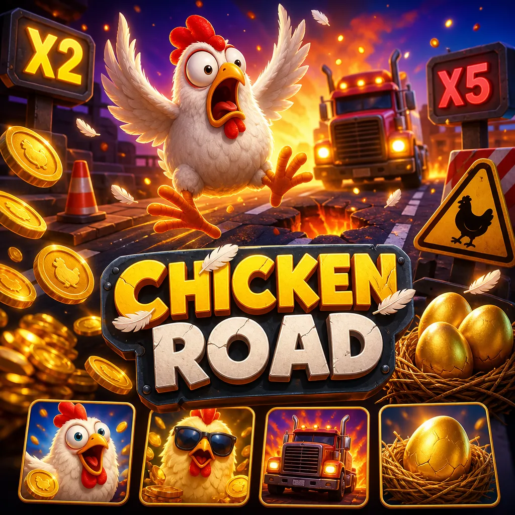 Chicken Road slot game promo with playful chickens and vibrant road theme